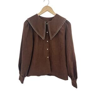 Cider Chocolate Brown Large Collar Pear Button Blouse Small Boho Retro